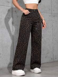 SHEIN PETITE 女士休闲时尚街头豹纹宽松直筒牛仔裤，适合日常通勤 - 彩色 - 查看 4