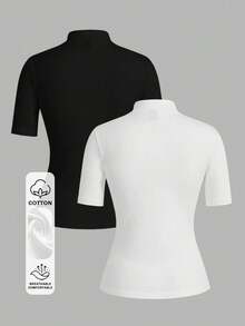 SHEIN EZwear 2件套 女士95%纯棉高领修身长袖打底T恤套装 - 黑與白 - 查看 11