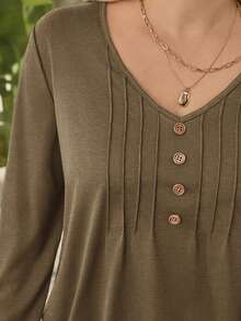 EMERY ROSE Plus Size Women's Solid Color Button Design Long Sleeve Casual T-Shirt - Brown - View 5