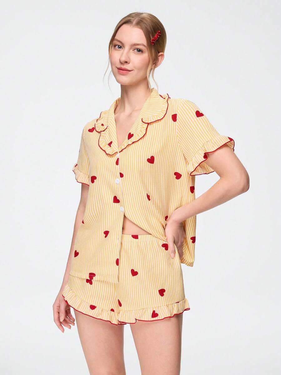 Bonmuse Women's Sleepwear Set With Heart Striped Woven Print, Ruffled Collar, Short Sleeve Top And Shorts, Sweet, Cute And Elegant - Yellow - View 1