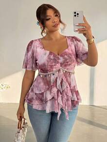 Firerie Plus Size Women Sweetheart Collar Pleated Ruffle Hem Blouse - Pink - View 1