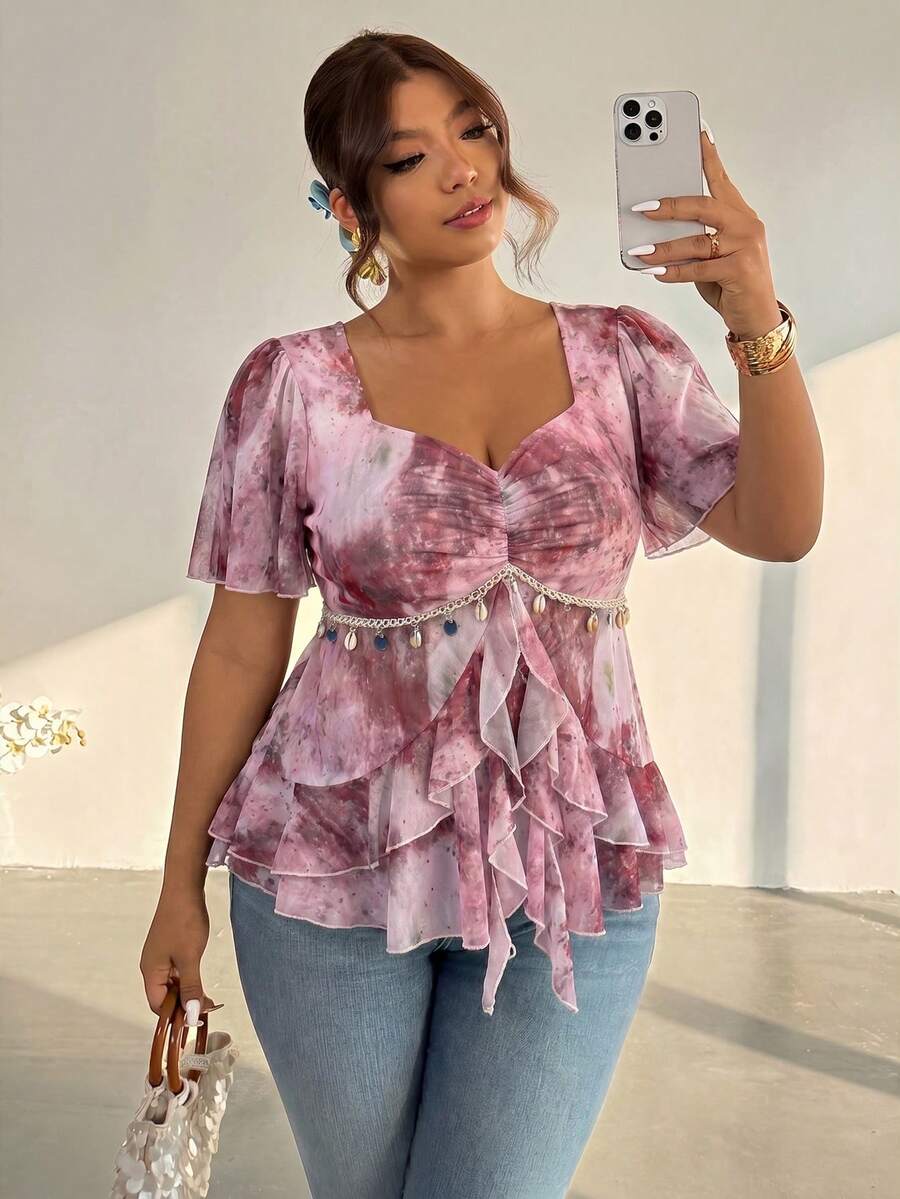 Firerie Plus Size Women Sweetheart Collar Pleated Ruffle Hem Blouse - Pink - View 1