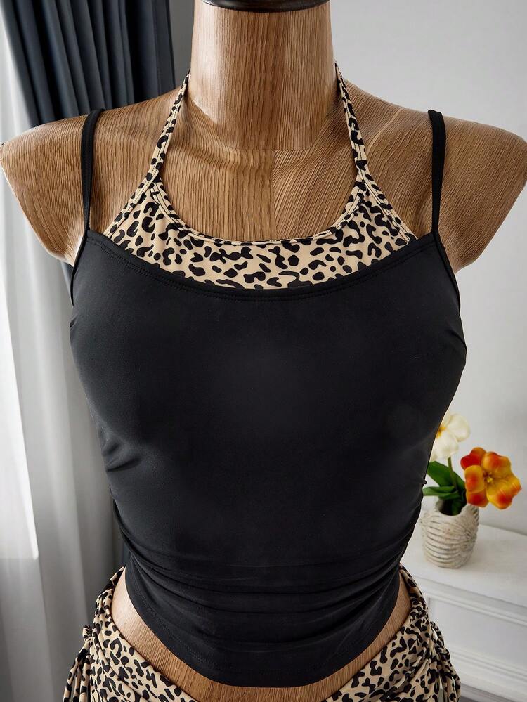 Bellisia Women's 2pcs Leopard Print Spaghetti Strap Spaghetti Strap Tank Top And Drawstring Shorts Bikini Set Set, Suitable For Summer Beach Vacation - Black - View 6
