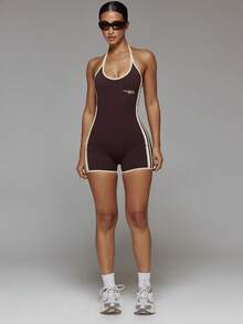 Musera Sport Contrast Colour Scoop Front Side Stripe Low Back Fitted Active Unitard Butter Yellow Fall Winter Autumn Gym Pilates Fitness Daily Casual - Mocha Brown - View 3