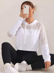 Streetz SHEIN Sport Color Block Striped Cropped Sweatshirt Patchwork Striped Fabric On Shoulder And Upper Sleeves, Solid Fro - White - View 3
