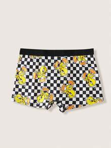 LOONEY TUNES X SHEIN 经典棋盘格黄色小鸟卡通印花男士三角裤，亲肤平角内裤 - 黑與白 - 查看 2