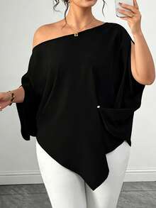 Elenzga Plus Size Solid Color Asymmetric Hem Loose Fit Blouse - Black - View 1
