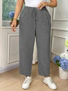 EMERY ROSE Plus Size Women Cotton Solid Color Drawstring Waist Pockets Loose Pants Fall - Light Grey - View 5