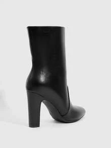 Daringsoles 女款通勤職場百搭仿皮短靴，黑色仿皮百褶中筒靴，圓頭粗跟短靴 - 黑色 - 查看 3