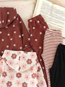 SHEIN 3套女童幼兒休閒可愛花卉與條紋圖案印花連帽衫+內搭褲，適合秋冬日常穿著與戶外活動 - 彩色 - 查看 6
