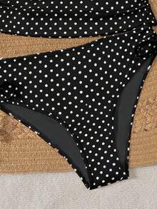 Sunnyshic Beach Party Outfits For Woman Vacation Solid Color Knitted Textured Spot Beaded Drawstring Spaghetti Strap Bikini Top Black And White Polka Dot Summer - Black - View 7