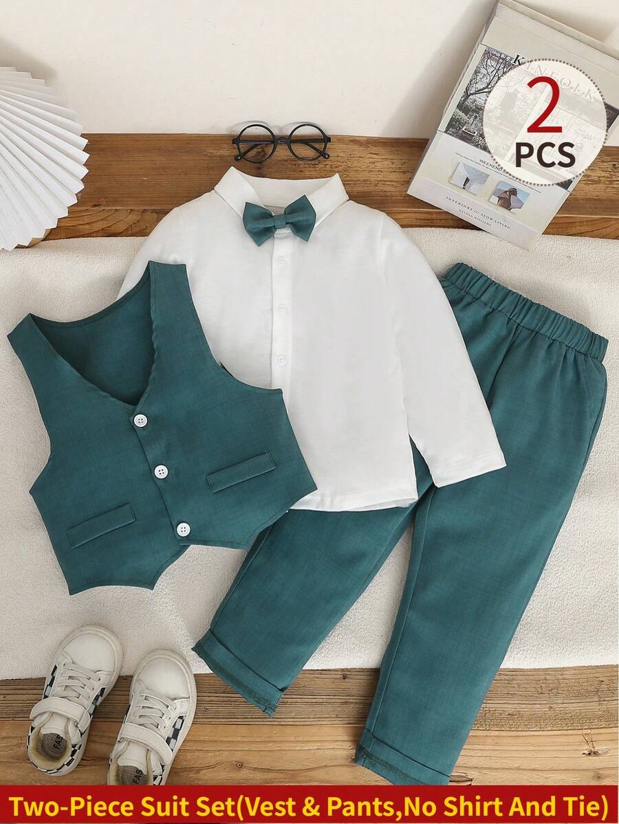 SHEIN 2-Piece Young Boys Gentleman Suit, Vest & Elastic Waist Long Pants, Fall Winter Wedding Party Graduation Formal