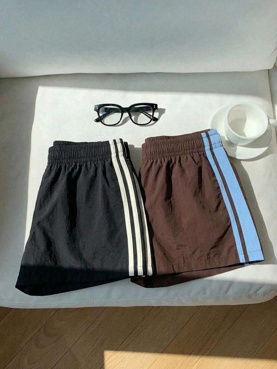 SHEIN EZwear 大尺碼夏季休閒拼色條紋短褲 - 彩色 - 查看 1