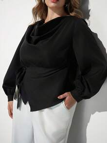 Maija Plus Size Elegant Commuter Solid Color Tie Wrap Blouse - Black - View 5