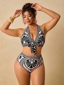 Travachic Women's Plus Size Halter Bikini Floral Print Top Triangle Bottom Set, Elastic Slim Fit Beachwear Summer Vacation Swimsuits Bathing Pink Leopard Print - Multicolor - View 5