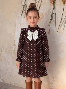 Emery Rose Kids Emery Rose Kids 女童可愛度假休閒杏色花卉圖案蝴蝶結長袖寬鬆洋裝，秋季花卉洋裝 - 卡其色 - 查看 8