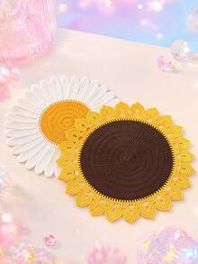 Zazumi 1PC Flower & Sunflower Shaped Table Mat, Imitate Hand Crochet Knitted Design Made Of Soft Milk Silk Fabric, Delicate Floral Hollow Embroidery Pattern, Heat Resistant, Anti-Slip, Stain Resistant And Easy To Clean Decorative Doily Table Runner - Multicolor - View 5