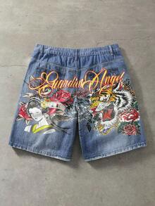 ROMWE MEN Anime Men's Plus Size Button Pocket Back Cartoon Character Print Denim Shorts - Blue - View 1