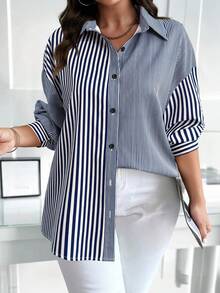 Calvaya Plus Size Casual Commuter Striped Patchwork Shirt - Multicolor - View 3