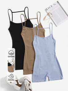 SHEIN EZwear 3pcs Solid Backless Cami Romper - Multicolor - View 8