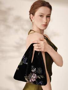MOTF WOMEN'S FASHION HANDBAG, CLASSIC BLACK VELVET, DELICATE SEQUINED FLOWERS, SUITABLE FOR EVERYDAY, DATING, SHOPPING, HOLIDAY GIFTS - Black - View 7