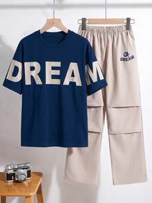 SHEIN 青少年男孩字母印花短袖上衣與長褲休閒日常2件套 - 彩色 - 查看 10