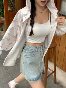 DAZY 秋季連帽長袖米白色碎花拉鍊式寬鬆短版甜美休閒約會通勤女款運動衫 - 白色 - 查看 11