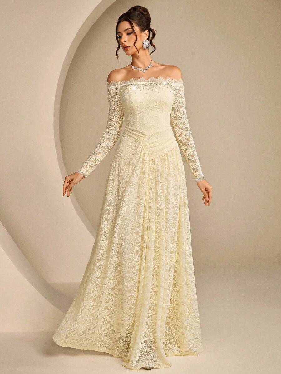 Coutiva High-End Evening Gown With Beaded Sequins, Elegant Elegant Luxury Evening Dress For Women - Apricot - View 1