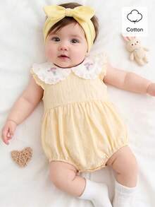 SHEIN Baby Girl Simple Elegant Sweet Embroidered Ruffle Collar Lace Trim Jacquard Fabric All Cotton Bodysuit, Suitable For Daily Wear And Celebration Parties, 0-1 Years Old, Spring/Summer New Arrival - Yellow - View 1