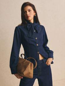 Poéselle Women's Fashion Street Button Bow Tie Lace-Up Denim Top - Dark Wash - View 1