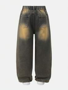Genkimix Kids Denimly 男童休閒日常都市街頭風彈性腰頭拉鍊門襟破洞直筒牛仔長褲 - 中等水洗藍 - 查看 2