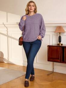 EMERY ROSE Plus Size Women Solid Color Round Neck Drop Shoulder Long Sleeve Casual Loose Sweatshirt - Dusty Purple - View 7