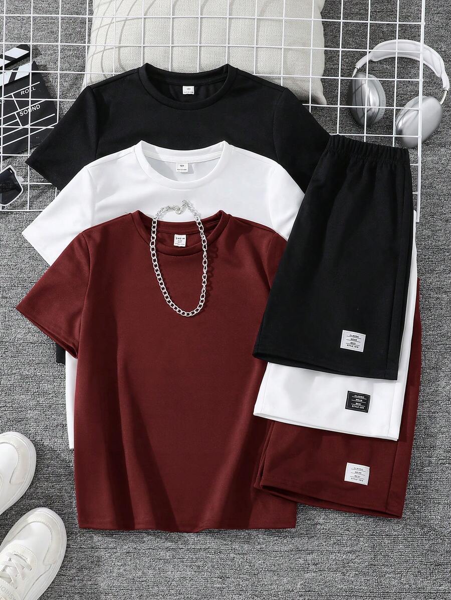 SHEIN 6件套青少年男童舒适休闲金属项链装饰圆领短袖T恤和短裤两件套,高性价比,适合户外玩耍、街头摄影、派对、居家休闲。 - 紅色 - 查看 1