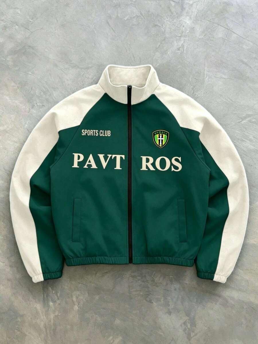 PAVTROS Men's Contrast Color Print Long Sleeve Jacket Coat Football - Green - View 1