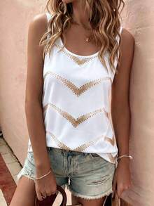 SHEIN LUNE Áo tank top nữ mùa xuân/hè mới về, họa tiết chấm bi và sọc bất đối xứng, cổ chữ U, kiểu dáng thường ngày, đa năng. - Nhiều màu - Xem 6