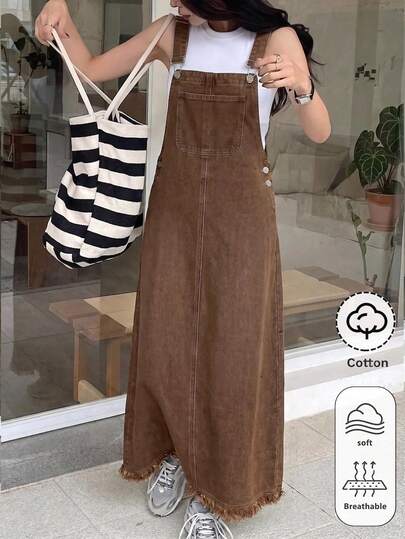 SHEIN Teen Girls Brown Green Denim Loose Overalls Dress