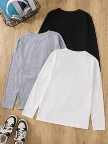 SHEIN 青少年男孩 3件組 T恤多件裝，百搭長袖上衣，開學季秋冬款 - 彩色 - 查看 2