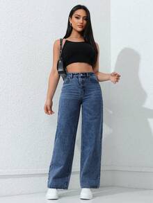 SHEIN PETITE 女款休閒日常牛仔褲，附口袋與鈕扣設計 - 深色水洗藍 - 查看 4