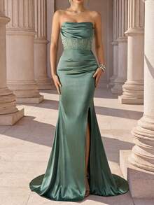 Coutiva Women's Rhinestone Embellished Front Hem Split Formal Evening Gown (Heavy Workmanship Style) - Mint Green - View 3