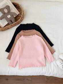SHEIN 女嬰秋冬三件套 素色針織荷葉邊長袖上衣 韓系時尚 INS 風格 百搭基礎款 微彈中厚舒適羅紋面料 圓領下擺設計 修身內搭底層上衣運動衫 適合日常穿著與旅行 - 彩色 - 查看 7