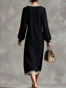 Omancia Autumn/Winter New Casual Daily Commute Black Round Neck Long Sleeve Straight A-Line White Contrast Dogtooth Trim Women's Fashion Knit Pullover Dress - Black - View 3