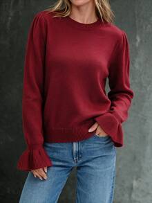 Balvessa Sweater Kasual Serbaguna Lengan Panjang Leher Bulat Warna Polos untuk Wanita - Burgundy - View 1