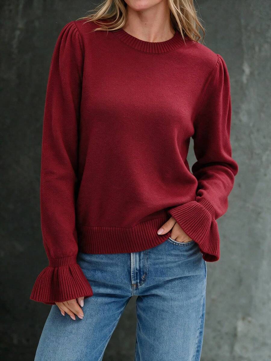 Balvessa Sweater Kasual Serbaguna Lengan Panjang Leher Bulat Warna Polos untuk Wanita - Burgundy - View 1