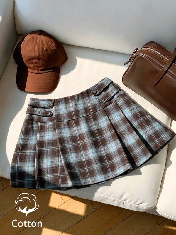 SHEIN EZwear Fashion Casual Plaid Series Early Spring Hot Girl College Design Pleated Slim Fit American Girl Style Unique Button Embellished Minimalist Sexy Style Women's Skirt