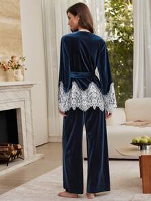 Moireta French Elegant Romantic Bell Sleeve Lace Contrast Color Women's Pajama Set - Royal Blue - View 2