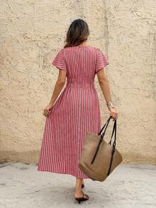 SHEIN Frenchy Women's Striped Ruffle Sleeve Casual Party Dress - Red - View 2