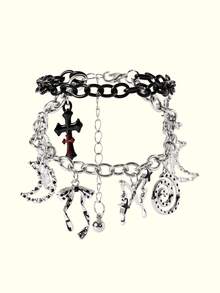 Popjeli 1 Dark Polka Dot Cross Butterfly Charm Bracelet, Bow Swirl Bow Bracelet - Silver - View 2
