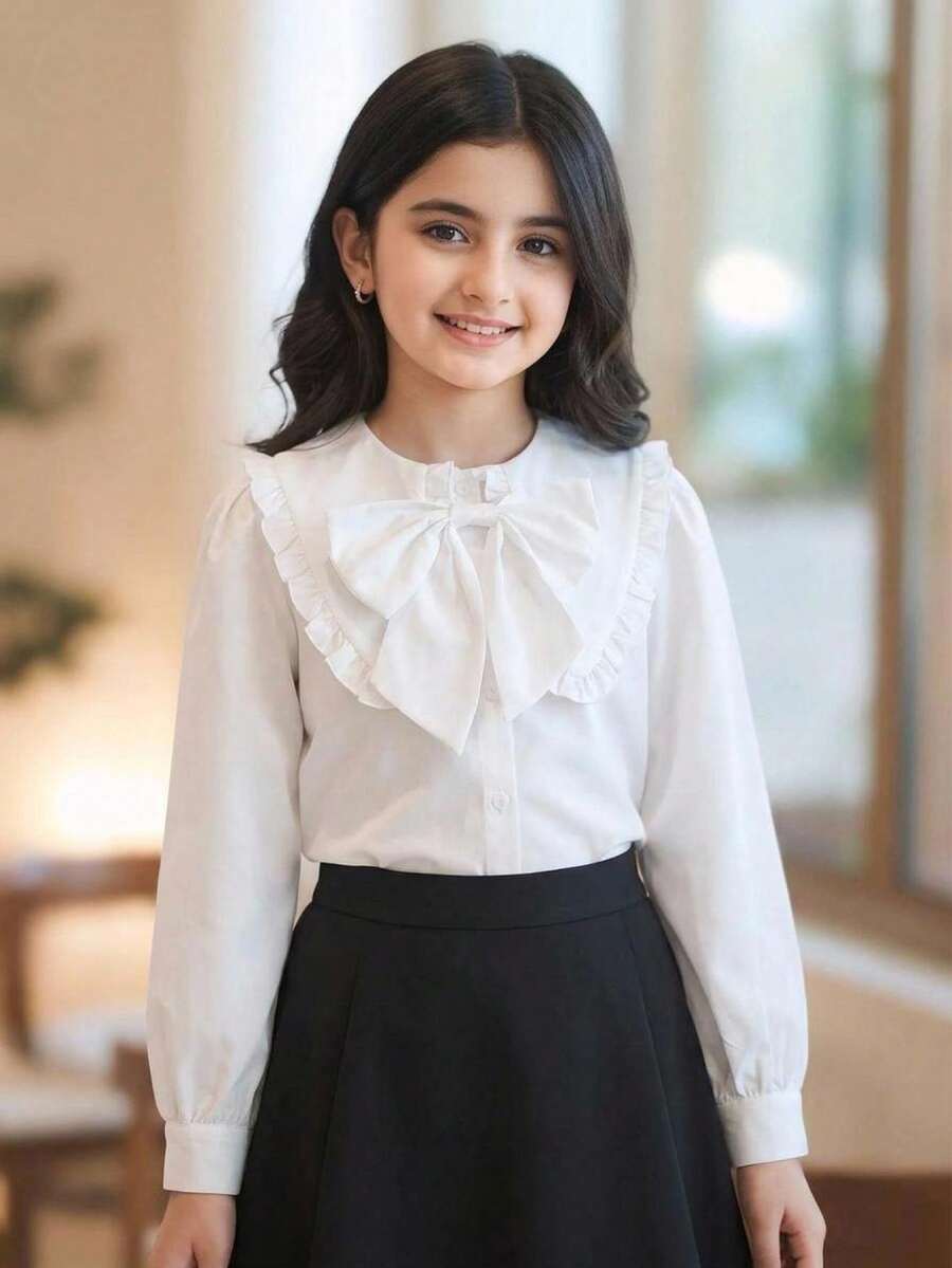 SHEIN 少女女孩寬鬆休閒極簡舒適日常穿著大學風白色優雅荷葉邊飾前開鈕扣 - 白色 - 查看 1