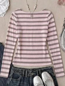 SHEIN 青少年女孩條紋長袖修身休閒T恤 - 粉色 - 查看 2