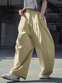Manfinity Hypemode Men's Solid Color Pocket Casual Versatile Daily Travel Wide Leg Long Pants - Light Yellow - View 5